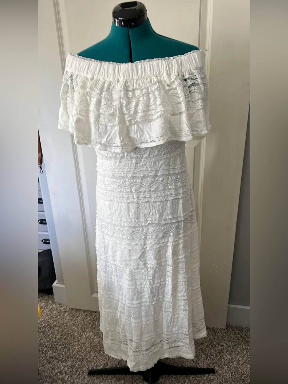 Vici White Off-Shoulder Ruffled Lace Maxi Dress